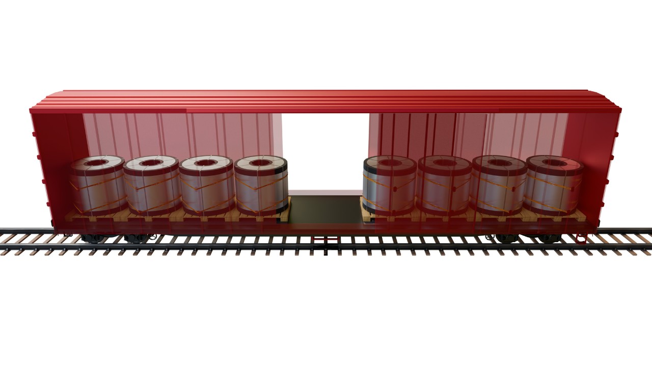 Coiled metal products secured in closed railcars using Cordstrap AAR-approved non-metallic strapping