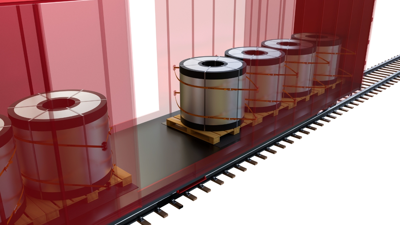 Grade 7 and Grade 8 non-metallic strapping securing coils in a closed railcar