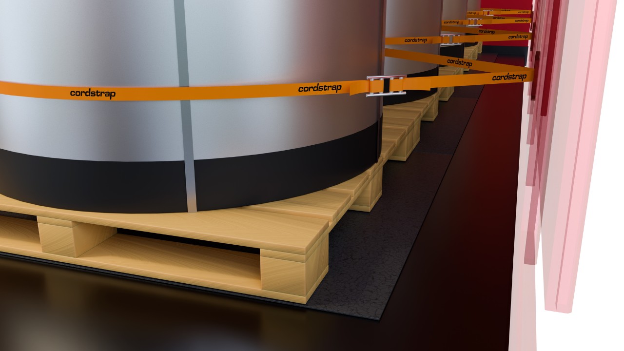 AAR rubber friction mats securing metal coils in a boxcar