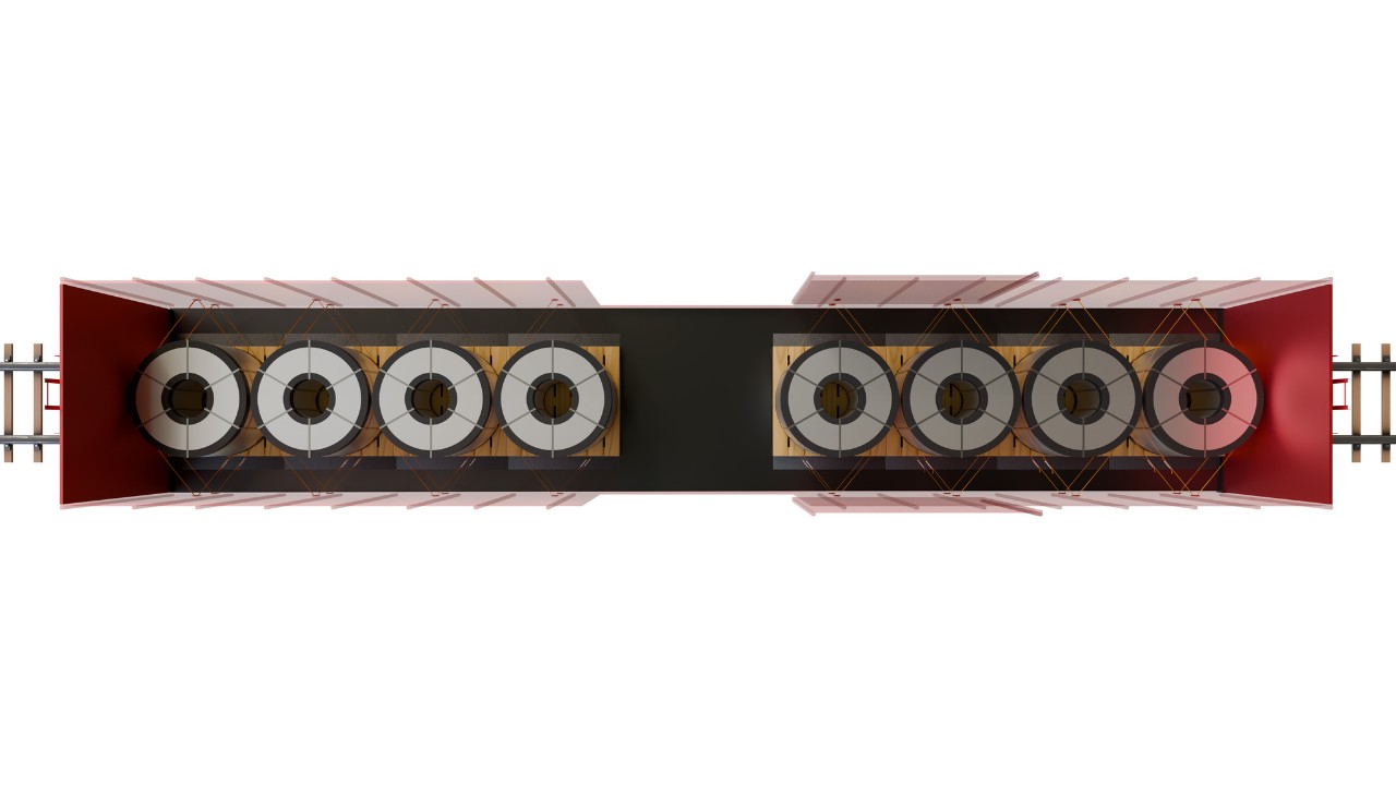 Top view of a boxcar loaded with metal coils secured using Cordlash 200 and AAR rubber matting