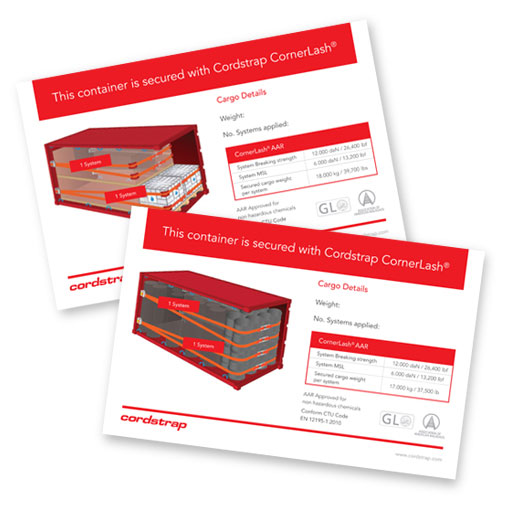 Cordstrap CornerLash label to provide information when a container is being inspected. 